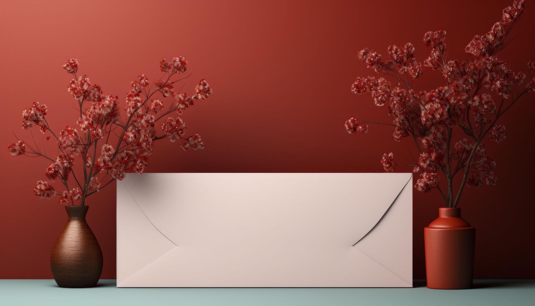 A white envelope sits on a table next to two vases of red flowers photo