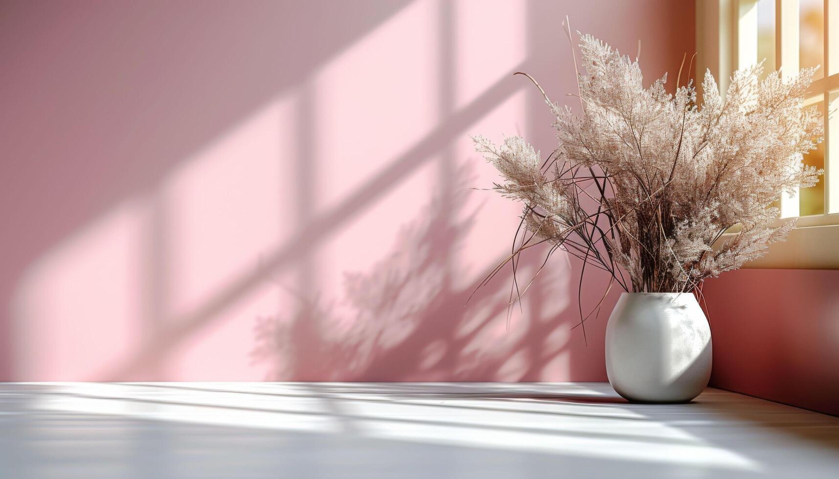 A white vase with dried flowers sits on a table in a room with a pink wall photo
