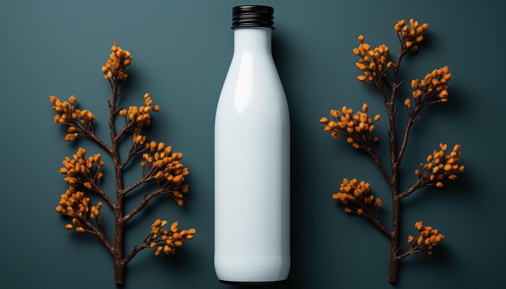 A bottle of milk is placed on a table next to some leaves photo