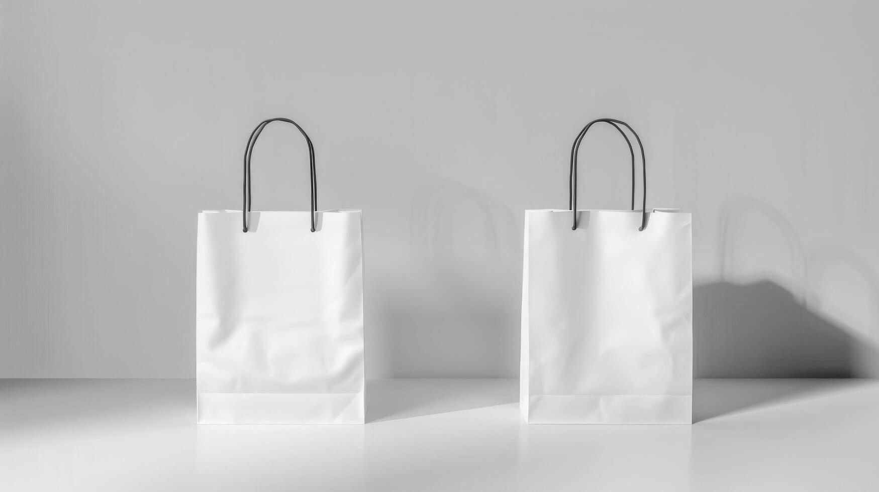 Two white bags with black handles are displayed on a white table photo