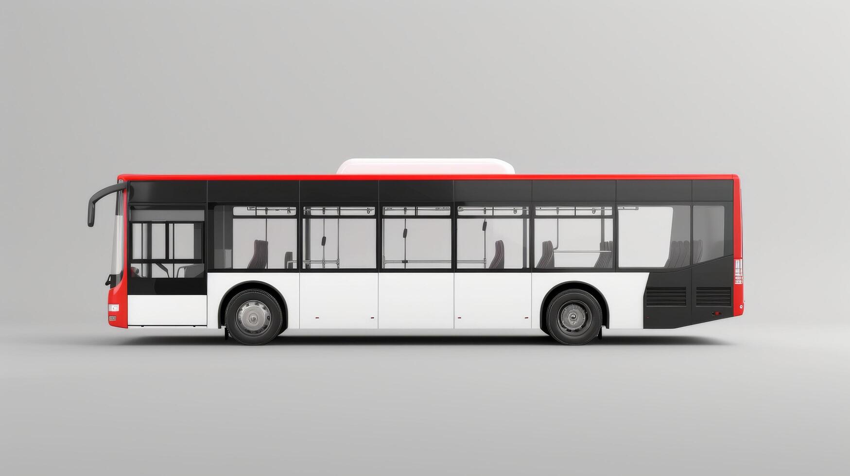 A white and red bus is parked on a grey surface photo