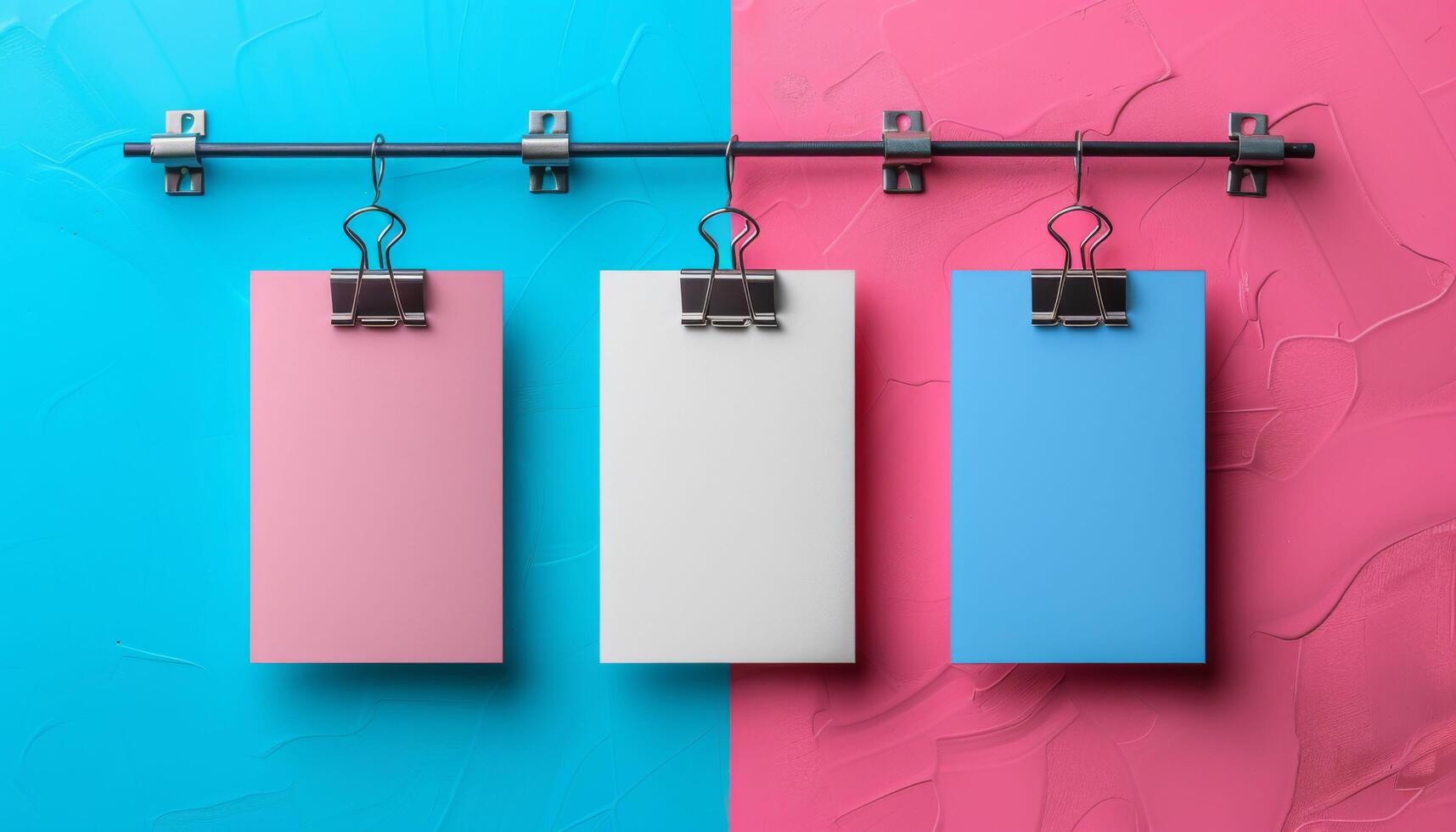 Three clipboards hanging on a wall with pink and blue background photo