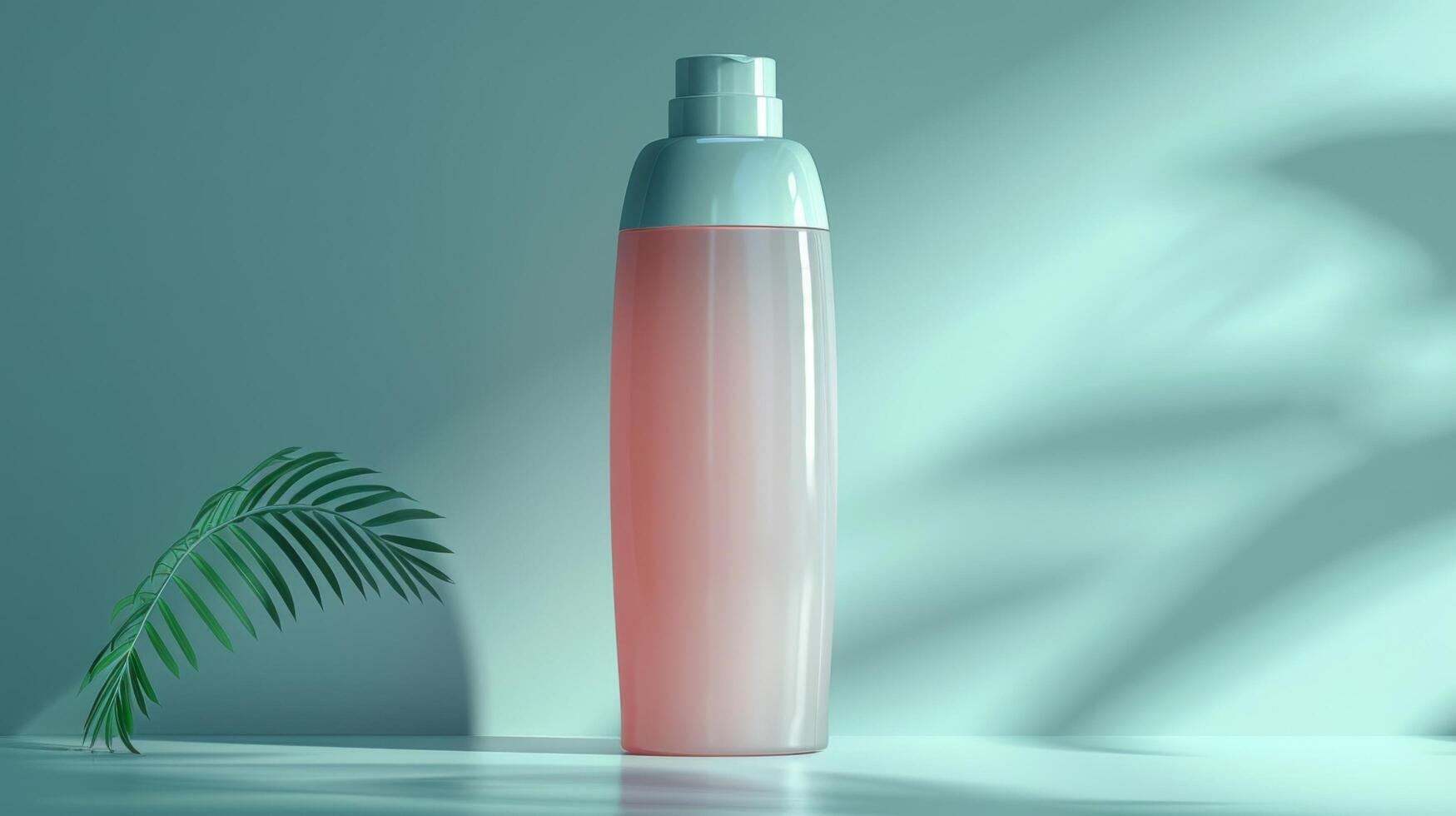 A bottle of pink liquid is sitting on a table next to a leaf photo