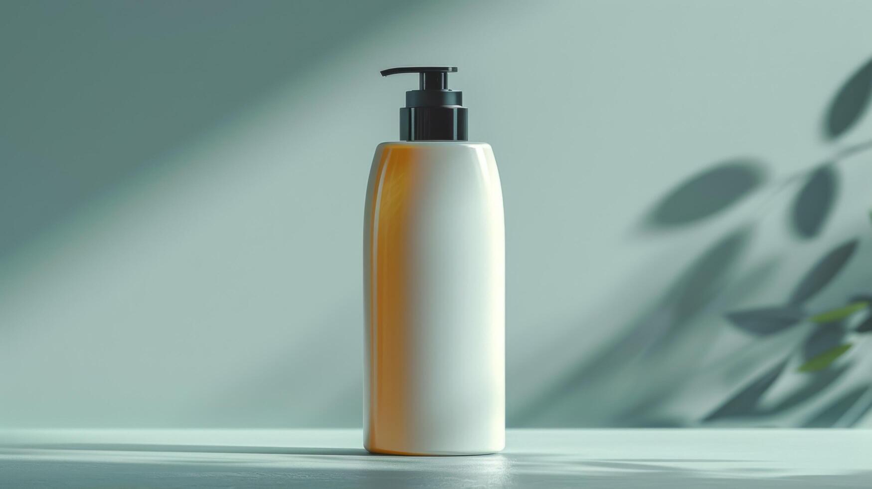A bottle of lotion sits on a table in front of a plant photo