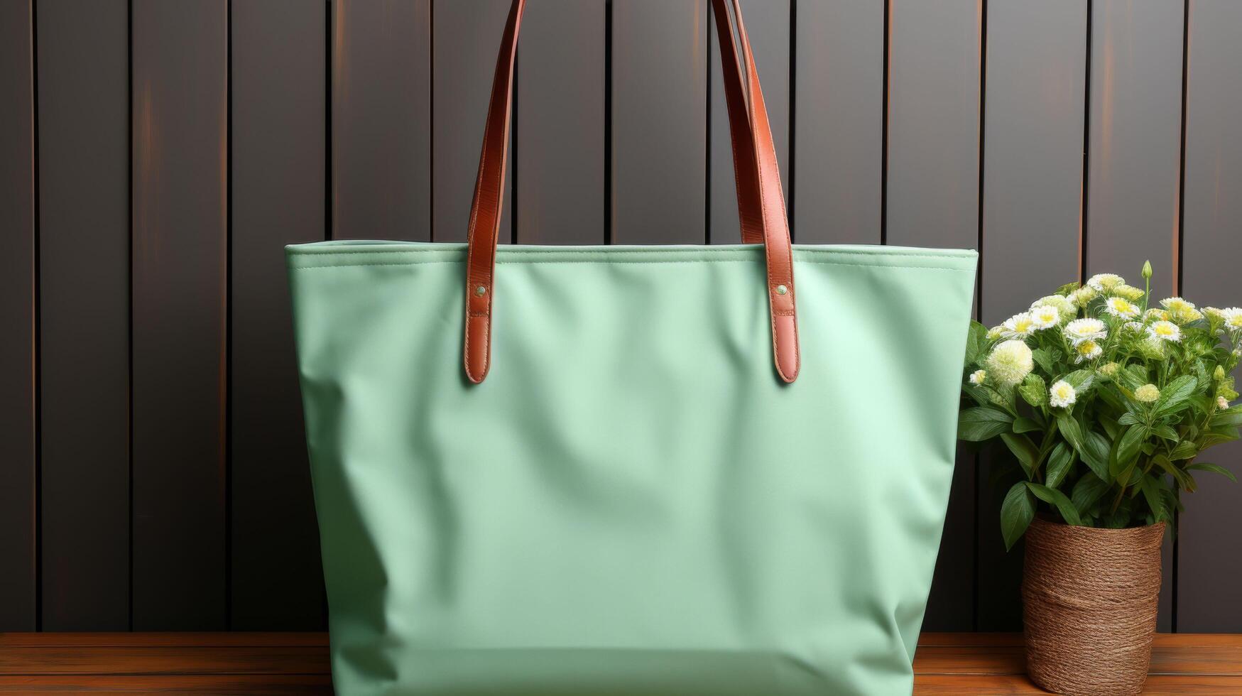 A green purse with a brown strap sits on a table next to a potted plant photo