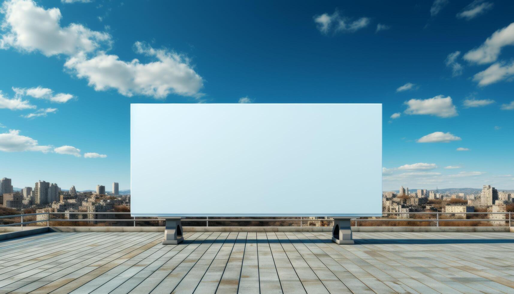 A large white billboard sits on a city rooftop, with a clear blue sky above it photo