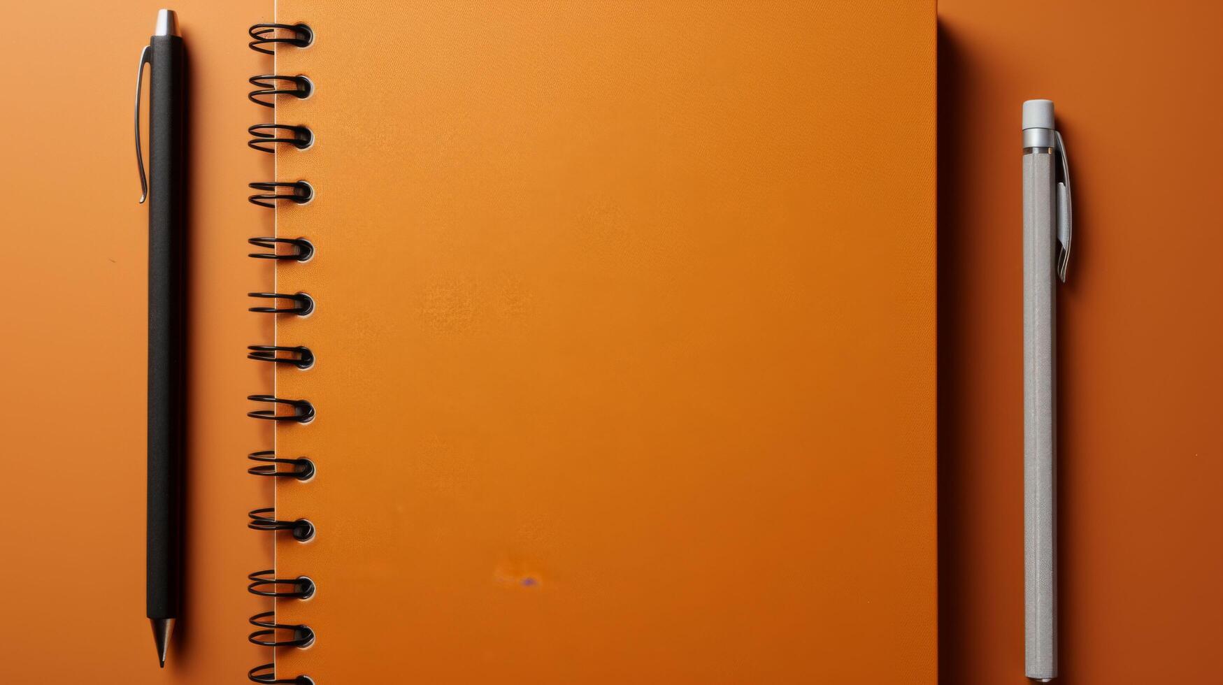 A black pen and a silver pen are on top of an orange notebook photo