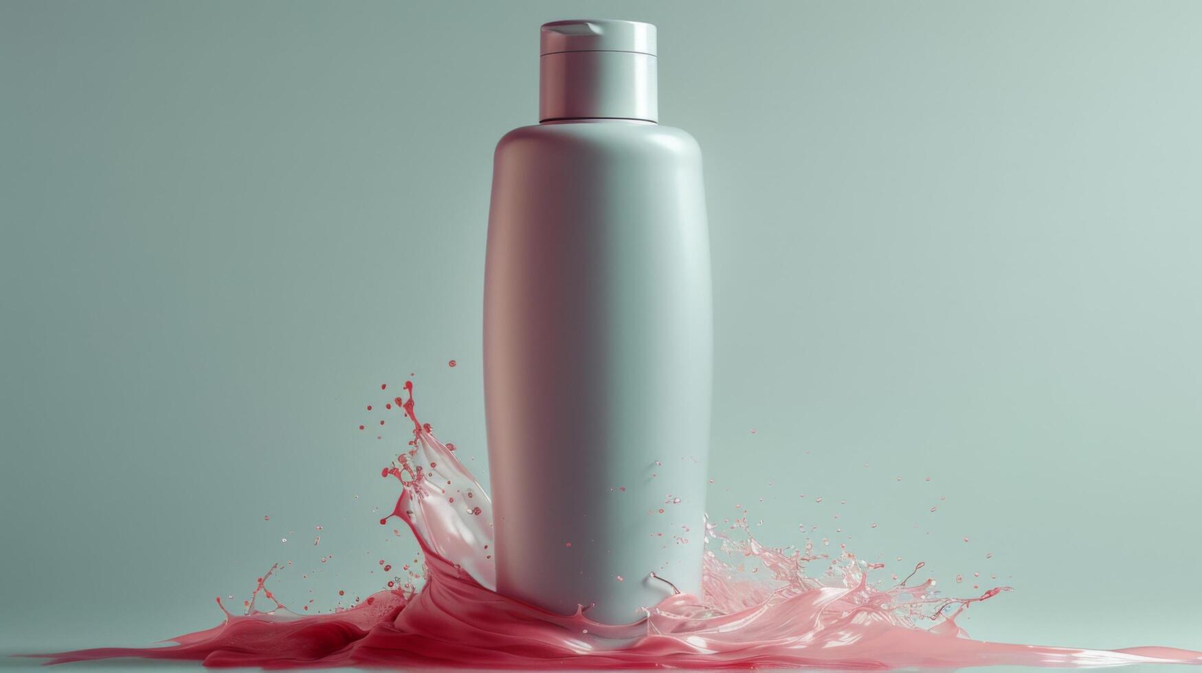 A bottle of perfume is sitting on top of a splash of red paint photo