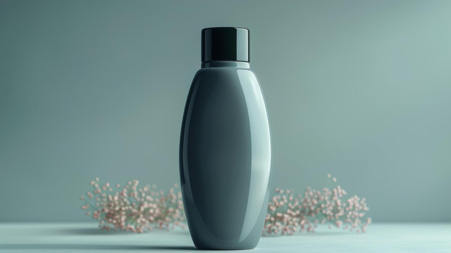A bottle of perfume is sitting on a table next to some flowers photo