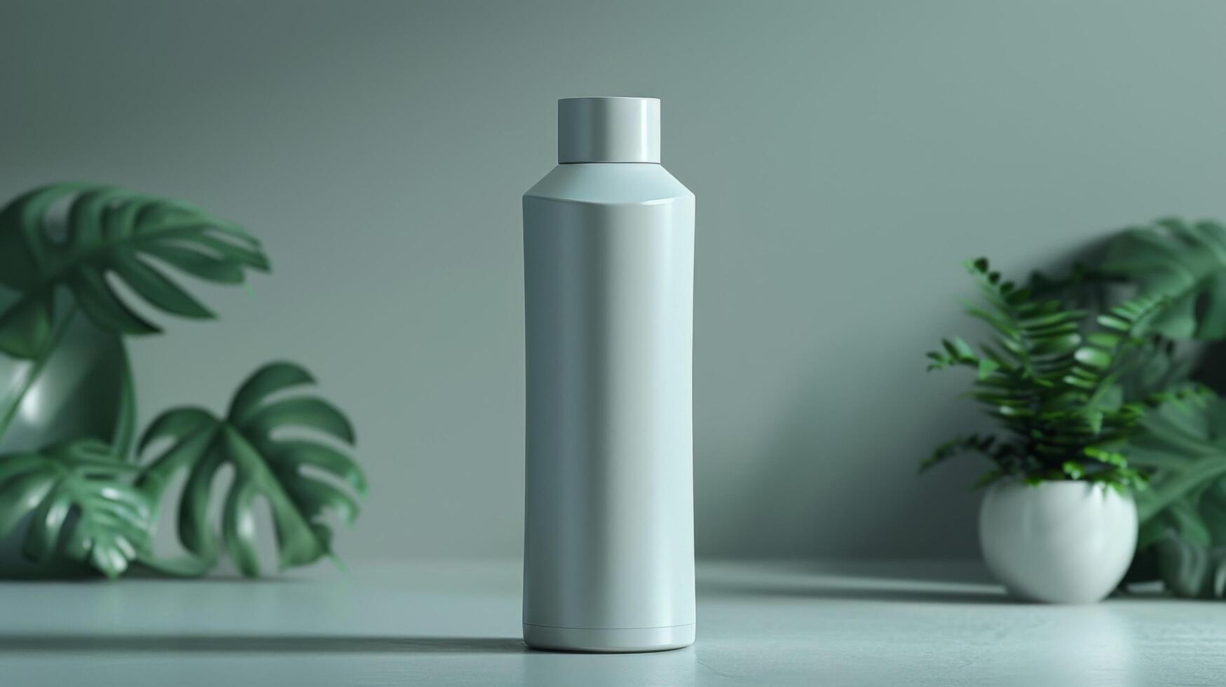 A bottle of shampoo is sitting on a table next to a potted plant photo