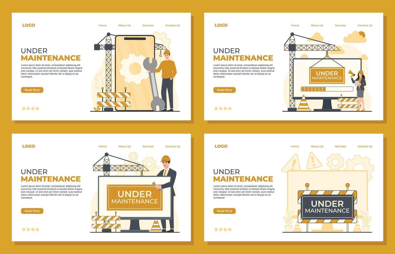 Under maintenance landing page template set. Error Website, Development and Update Webpages website under construction vector