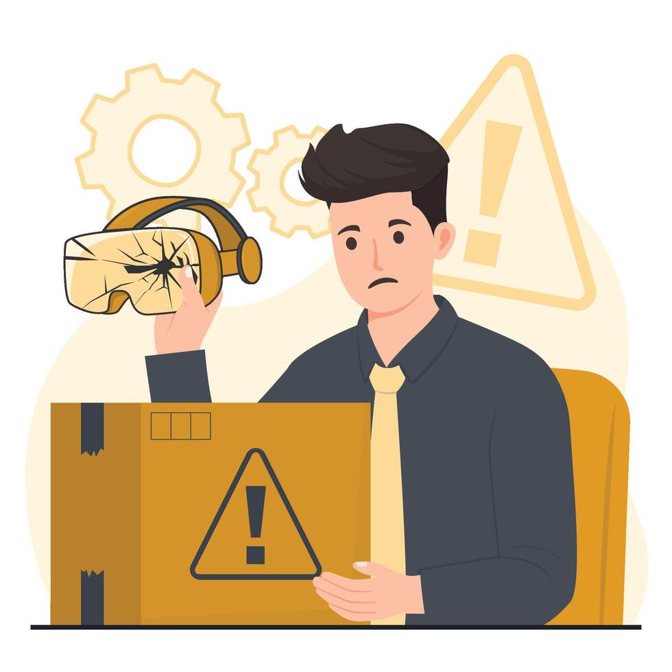 Defective product landing page template man with vr glasses box. vector
