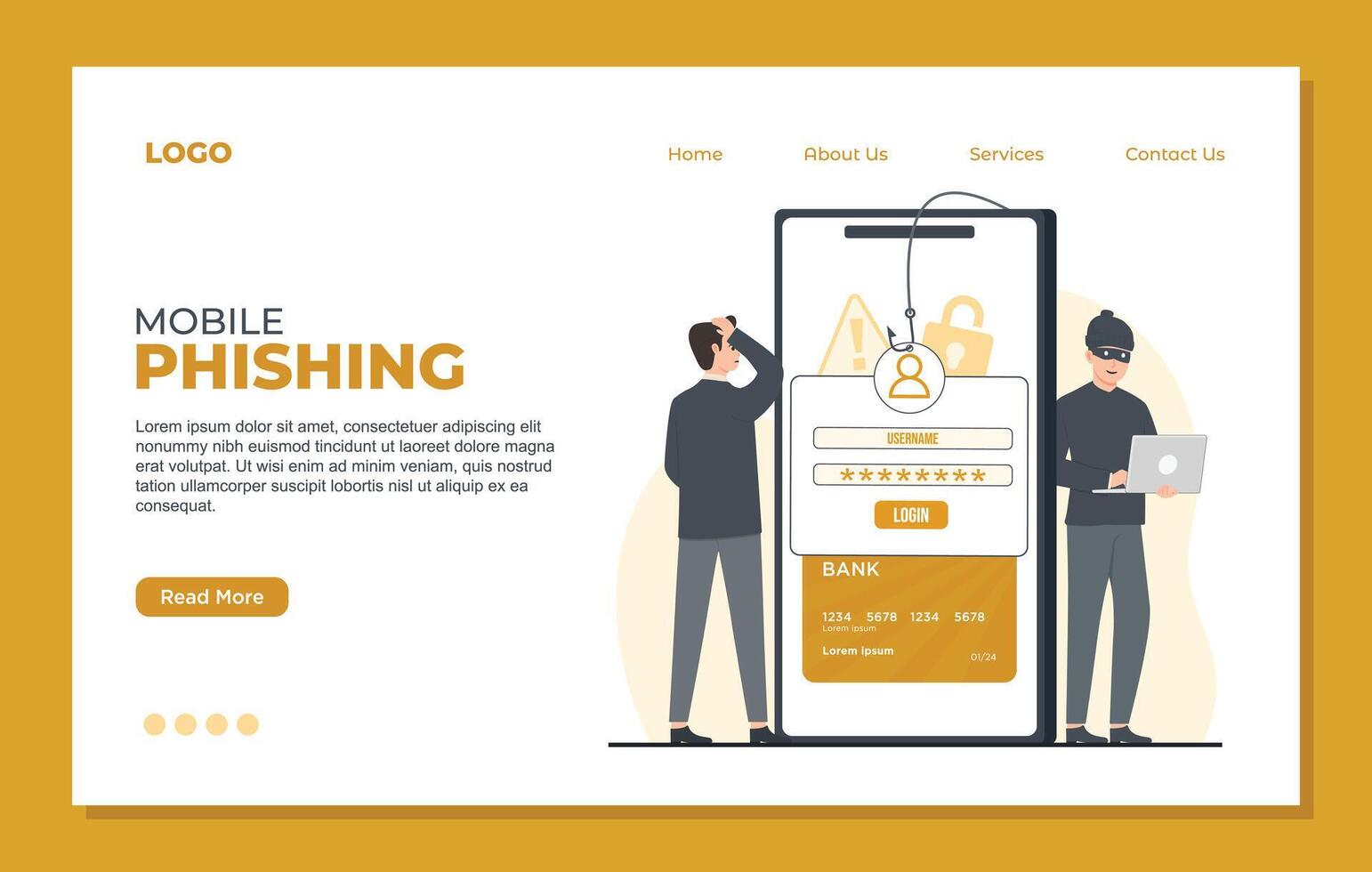 Phishing account landing page template Mobile phishing concept landing page illustration. Online phishing, phishing, scammer attack. vector