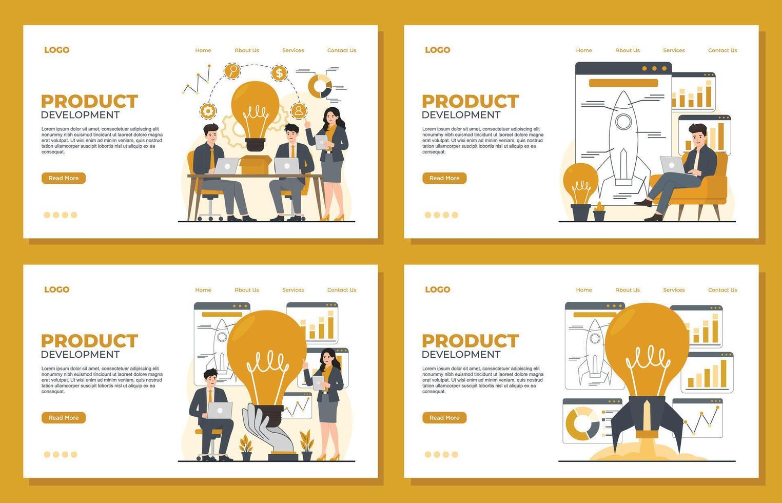 Set of landing pages product development landing page template. illustration vector