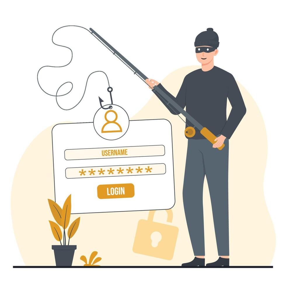 Phishing account concept illustration Hacker holding a fishing rod with login form. flat illustration vector