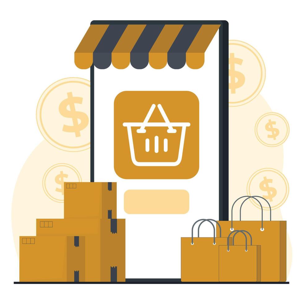 Online shopping concept. Mobile phone with shopping basket, boxes and money. illustration vector