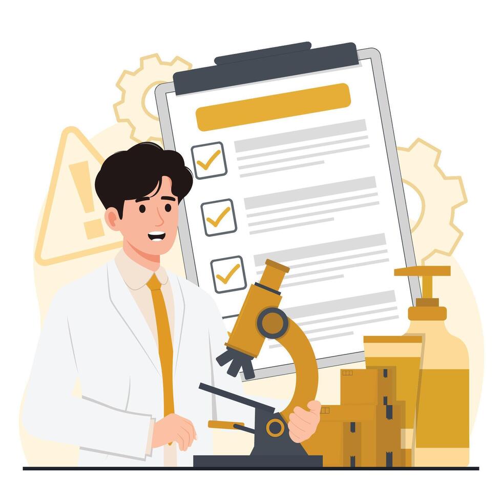 Product safety control quality control concept Scientist man with microscope and checklist. illustration in flat style vector