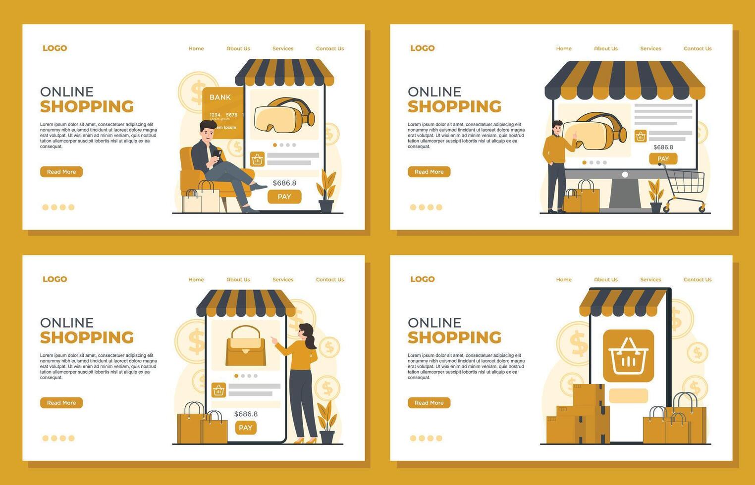 Online shopping landing page template Set of modern flat design concept of online shopping. illustration. vector