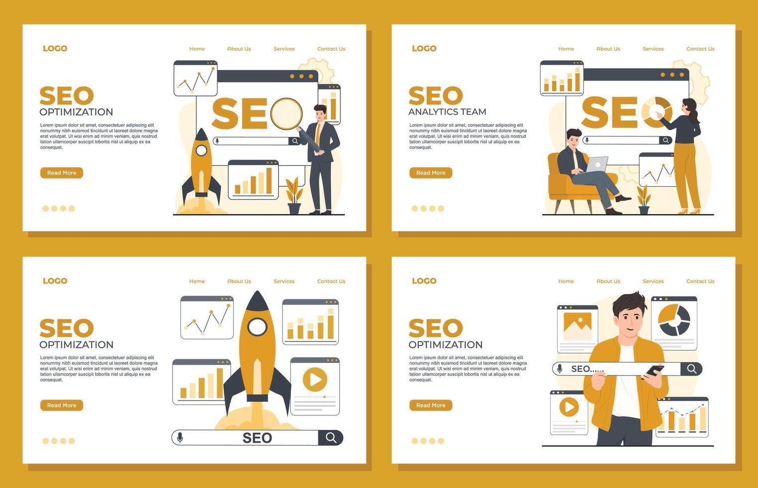 Set of landing page design templates for seo optimization. Modern flat style illustration. vector