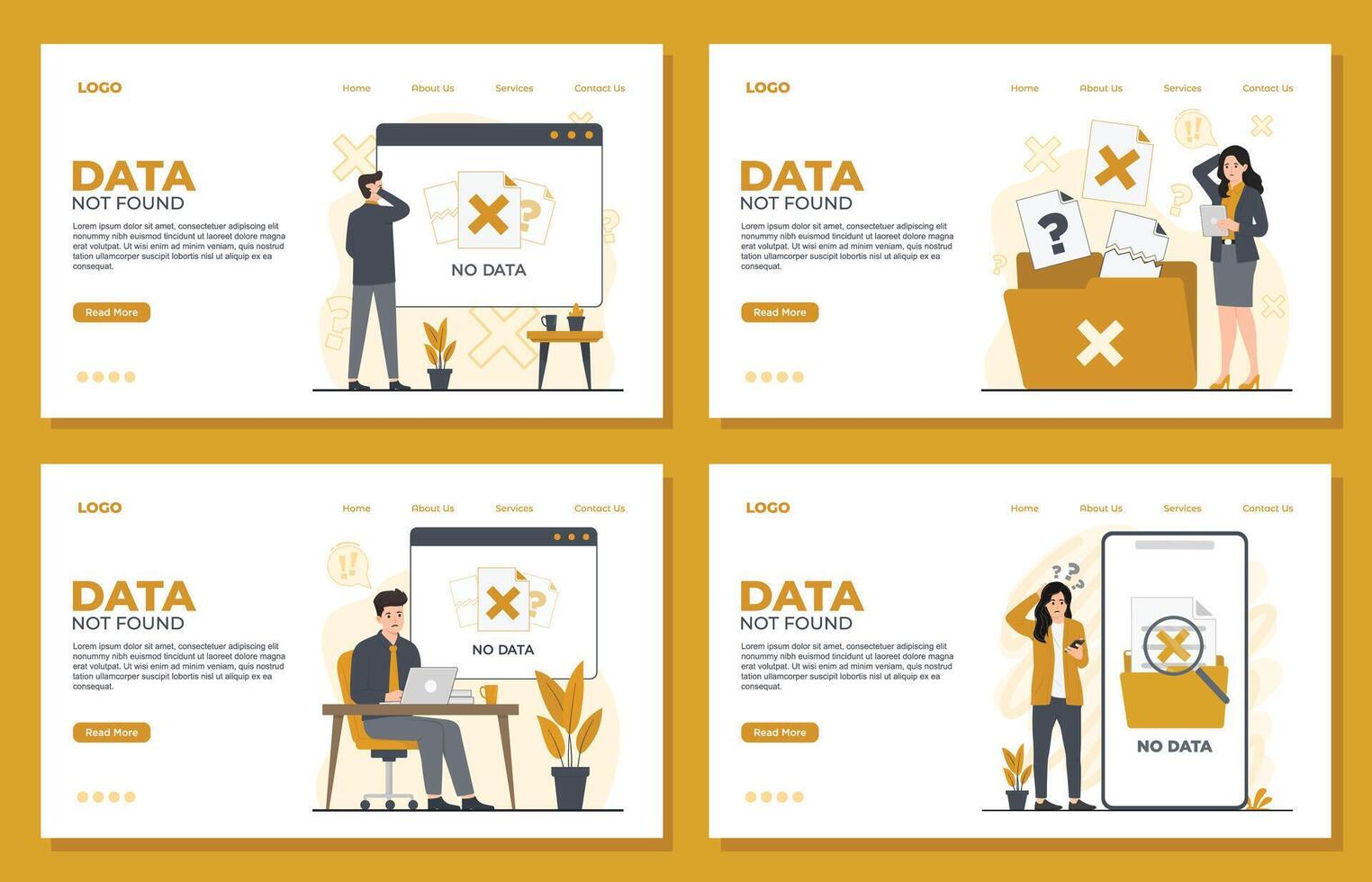 Data Not Found landing page template of no data Set of Landing pages about data analysis. Flat design illustration. vector