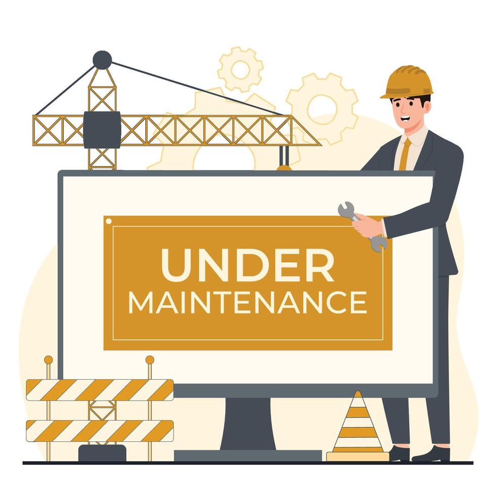 Under construction banner flat illustration. Man in safety helmet holding wrench, Under maintenance concept vector