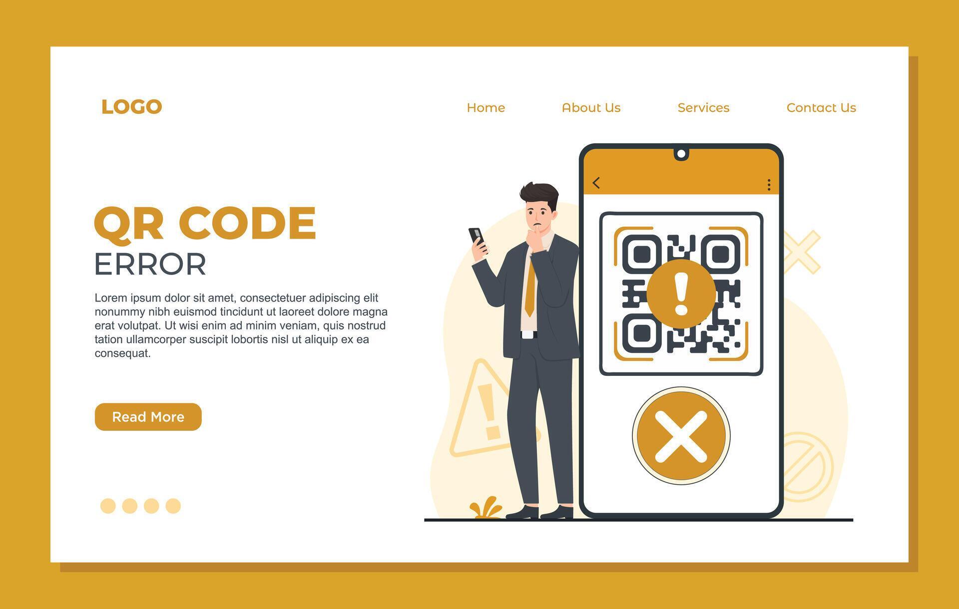 QR code error on smartphone screen flat illustration. Businessman using ...
