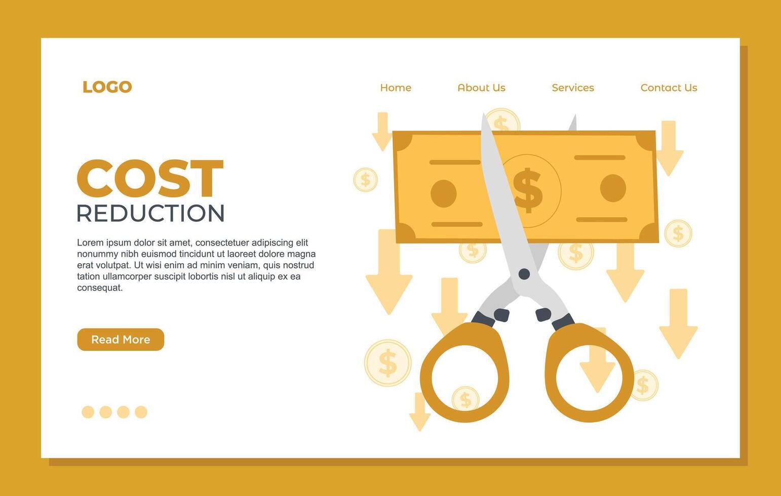 Cost reduction landing page template Flat illustration web page design costs cut, costs optimization concept vector