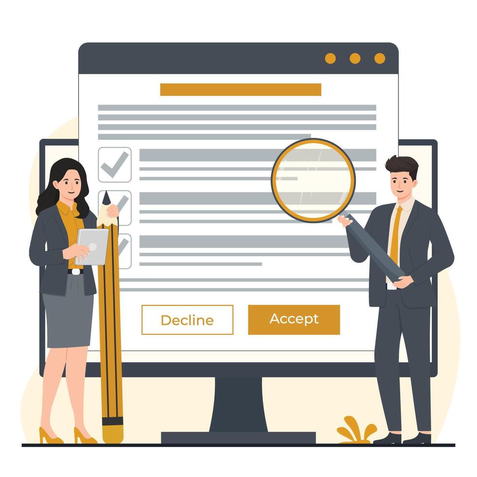 Terms and conditions concept illustration Businessman and businesswoman in office. Man with magnifying glass, woman with pencil. illustration in flat style vector