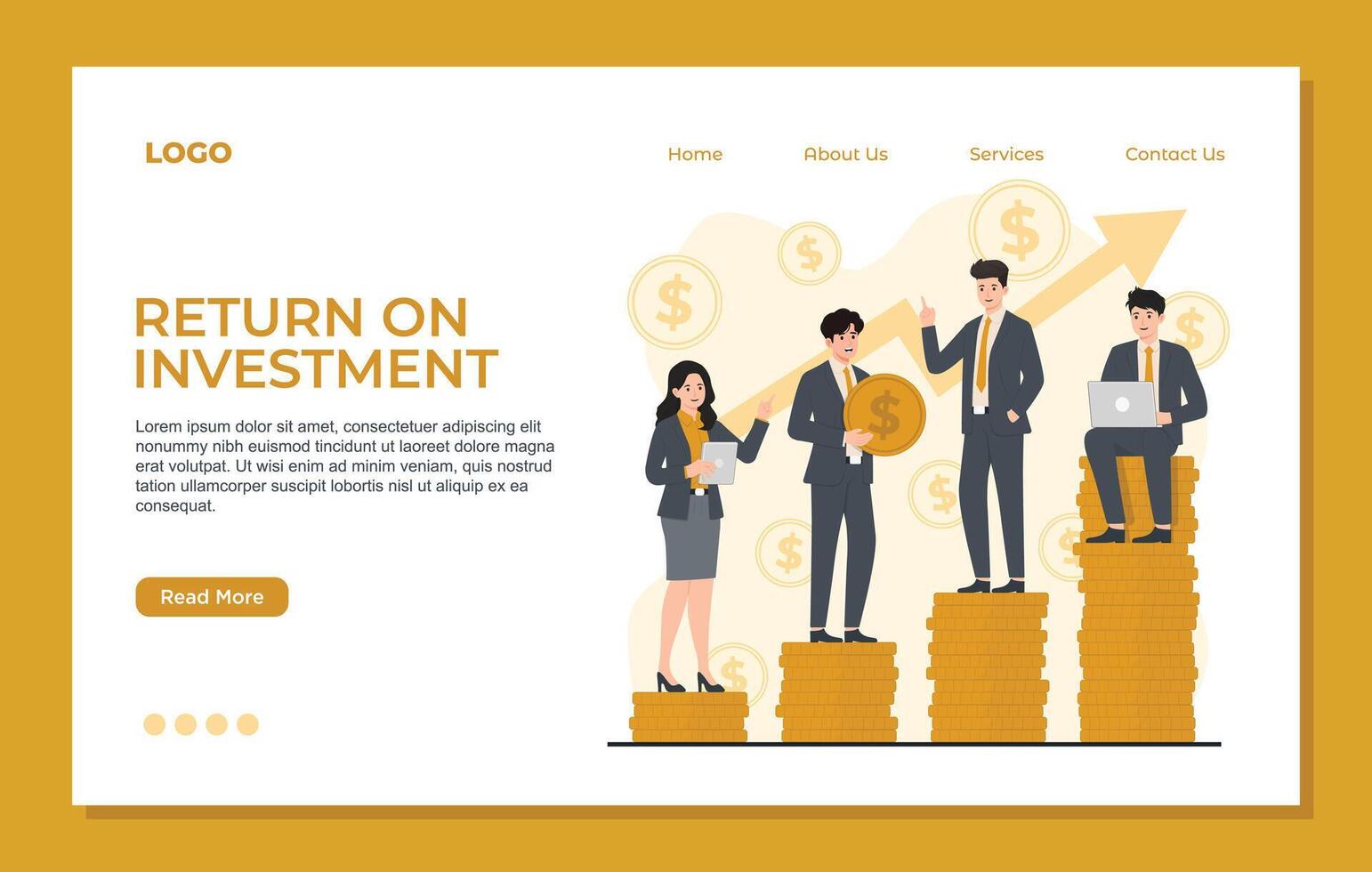 Return on investment Landing page template web banner Businessman and businesswoman standing on stack of coins. illustration vector