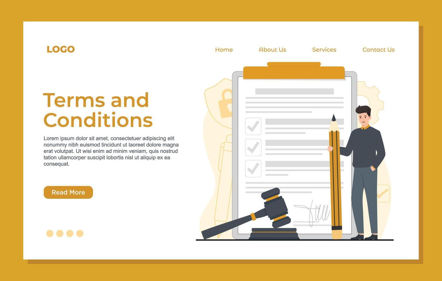 Terms and conditions Landing page template concept men holding pencil signing paper standingillustration vector
