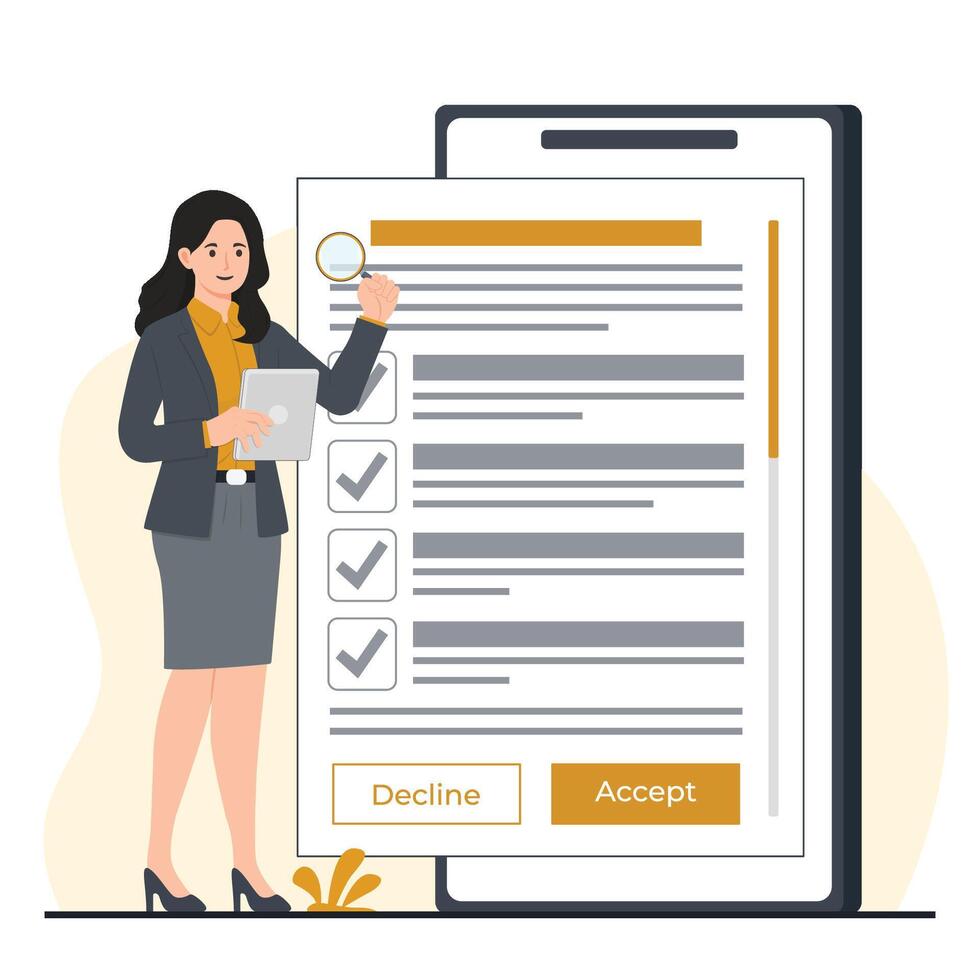 Terms and conditions concept illustration of a businesswoman holding a magnifying glass and looking at a checklist. vector