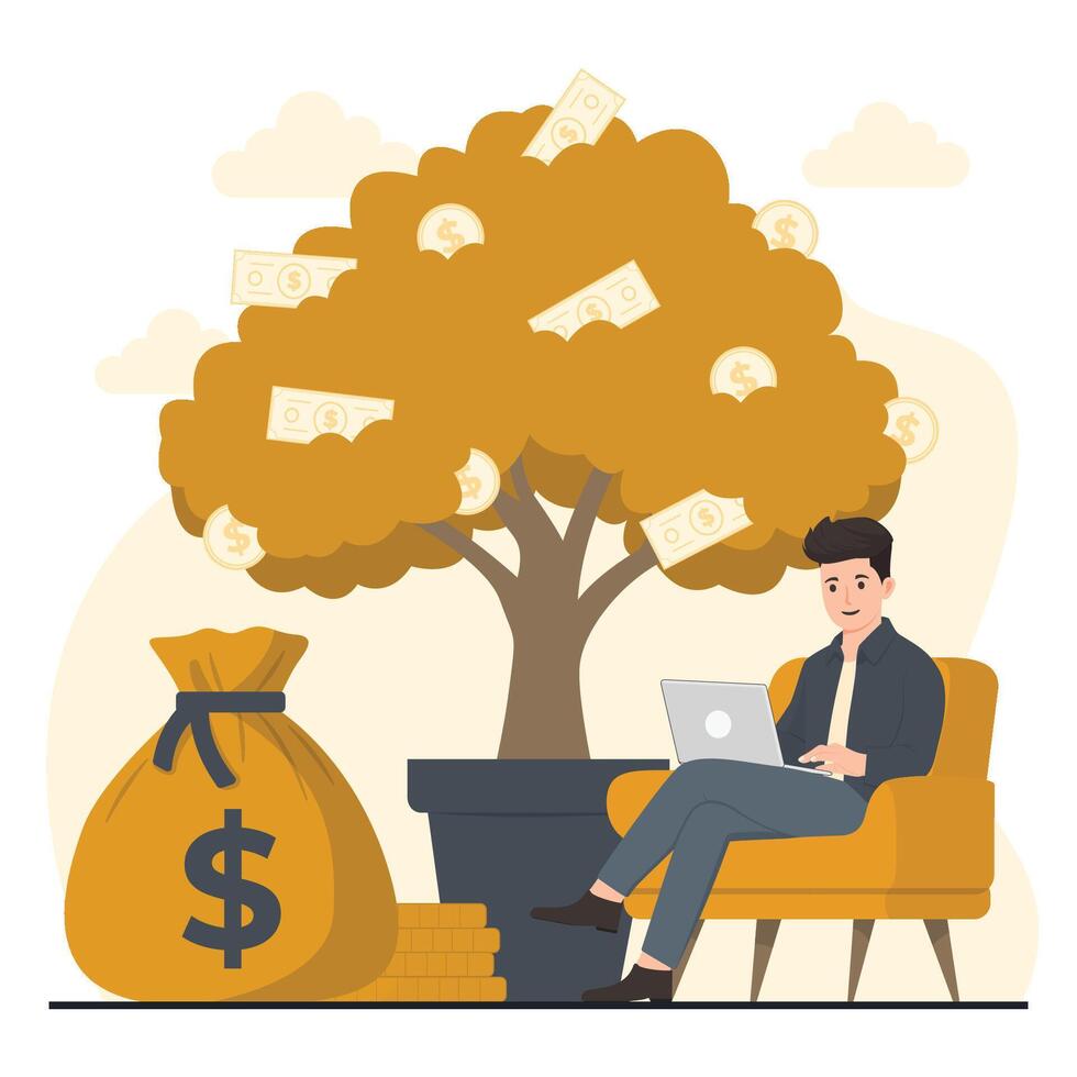 Return on investment Businessman with laptop sitting under money tree. illustration in flat style vector