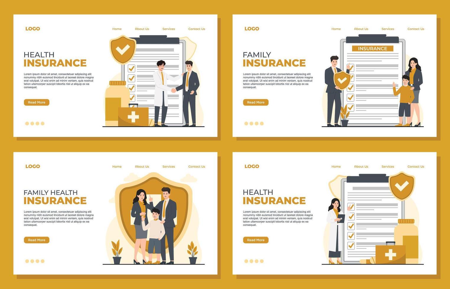 Health insurance landing page template Insurance concept, flat design web banner set with people characters. vector