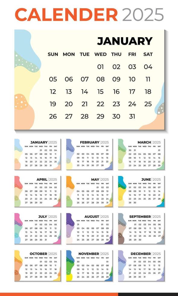 12-Month Calendar for 2025. Horizontal Calendar vector