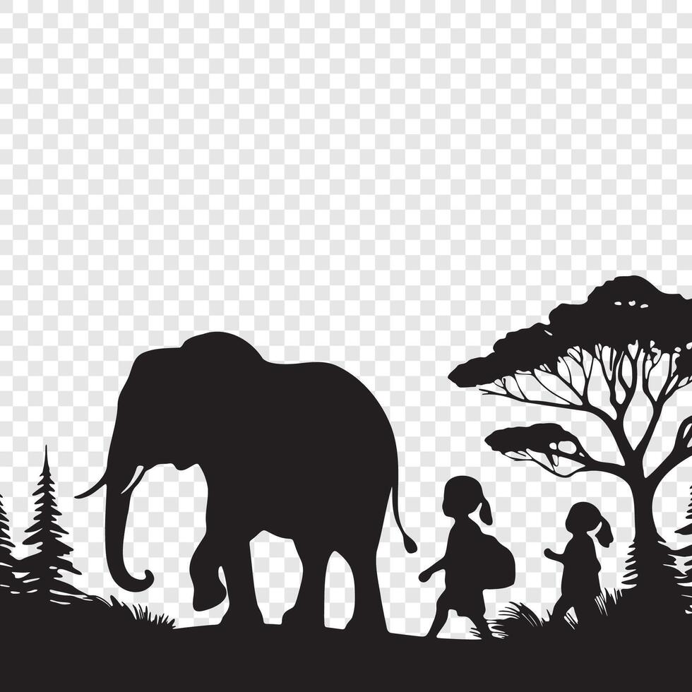 Elephant silhouette, children walking with an elephant, children walking with an elephant, children walking with vector