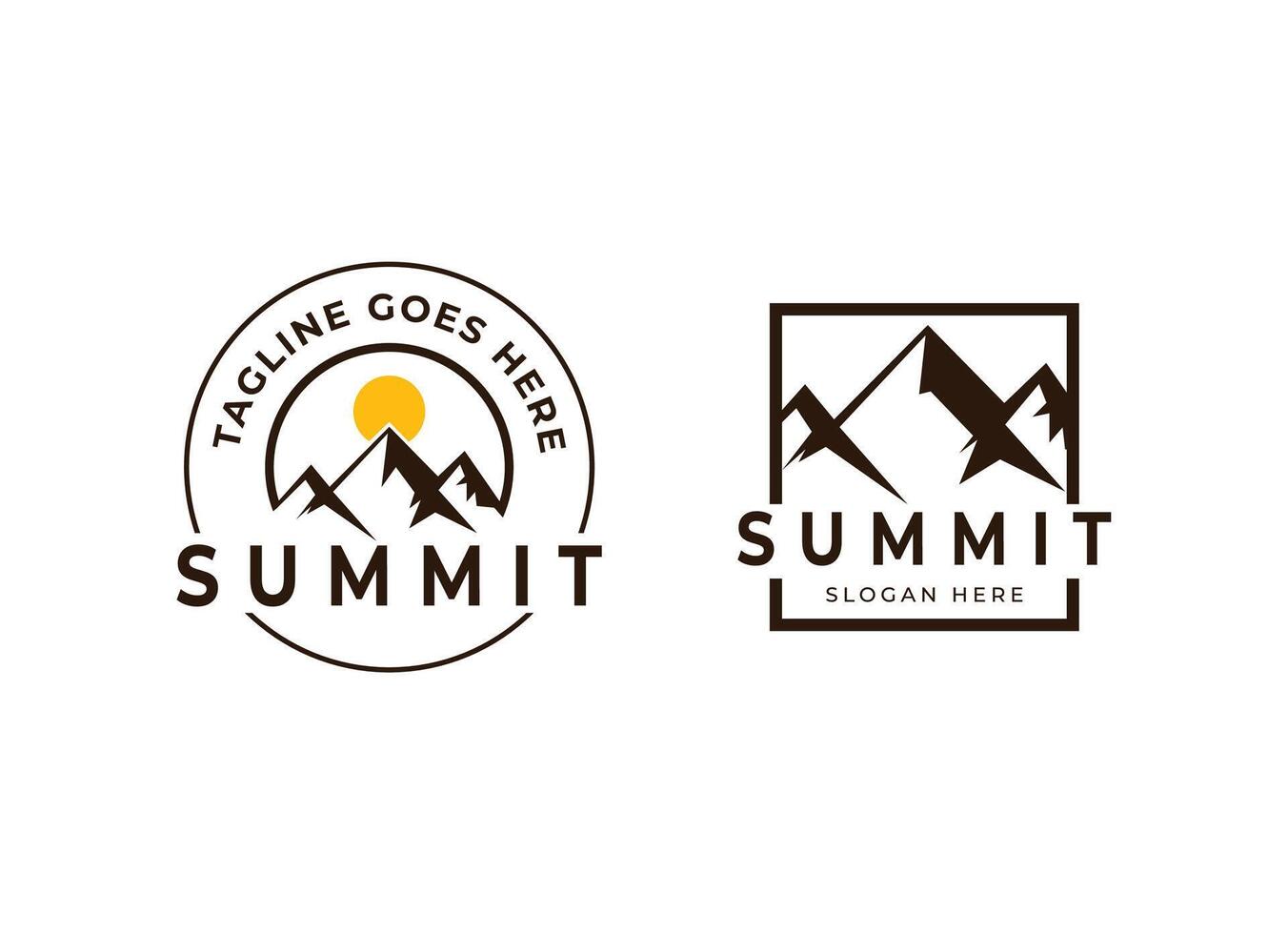 Emblem Label Logo design of Top Summit Peak with Sun or Moon for Mountain Adventure Outdoor Business vector