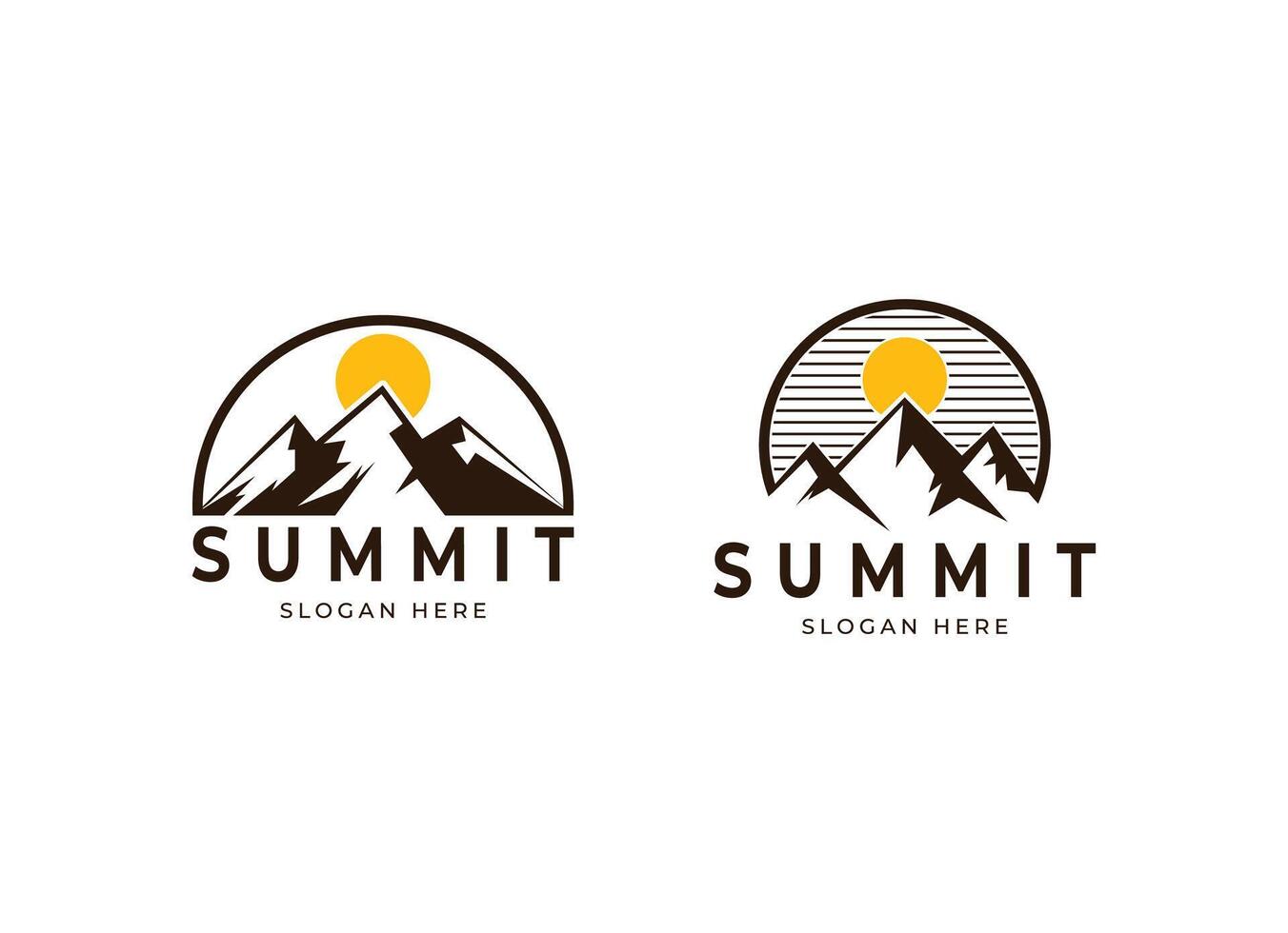 Label Logo design of Top Summit Peak with Sun or Moon for Mountain Adventure Outdoor vector