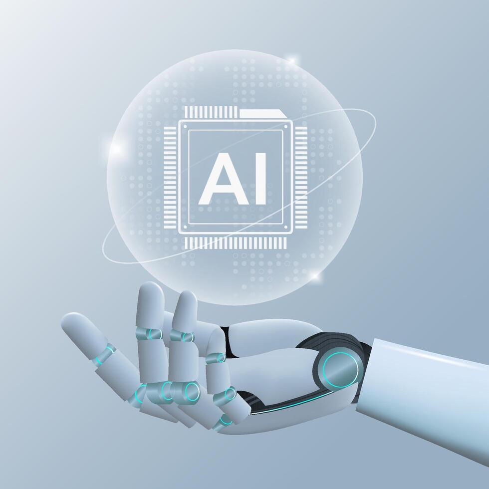 AI humanoid hand holding AI on microchip hologram, Future cybernetic artificial intelligence technology concept, illustration vector