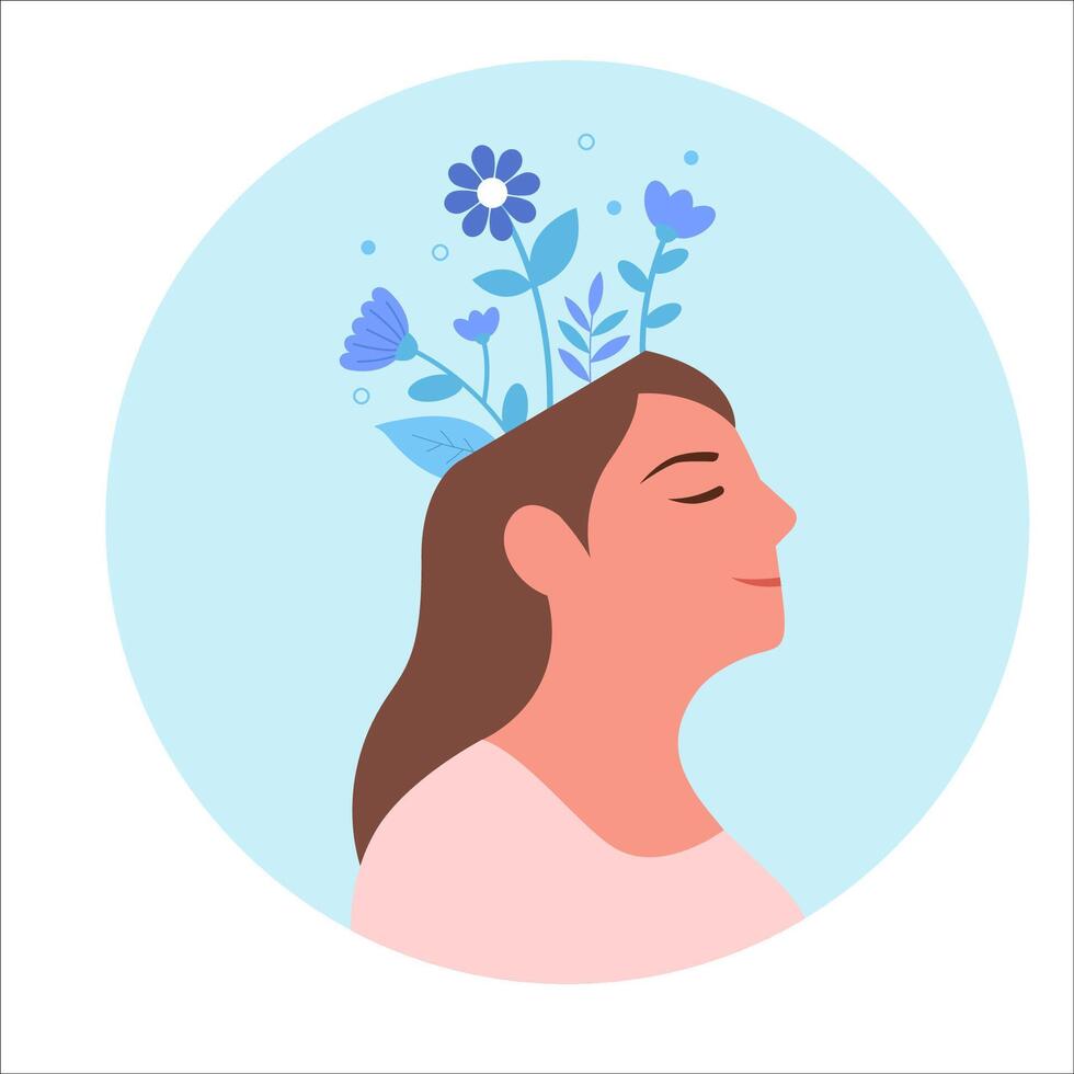 Mental health, happiness, harmony creative abstract concept. Love yourself, Happy female heads with flowers inside. Mindfulness, positive thinking, self care idea. Set of flat vector