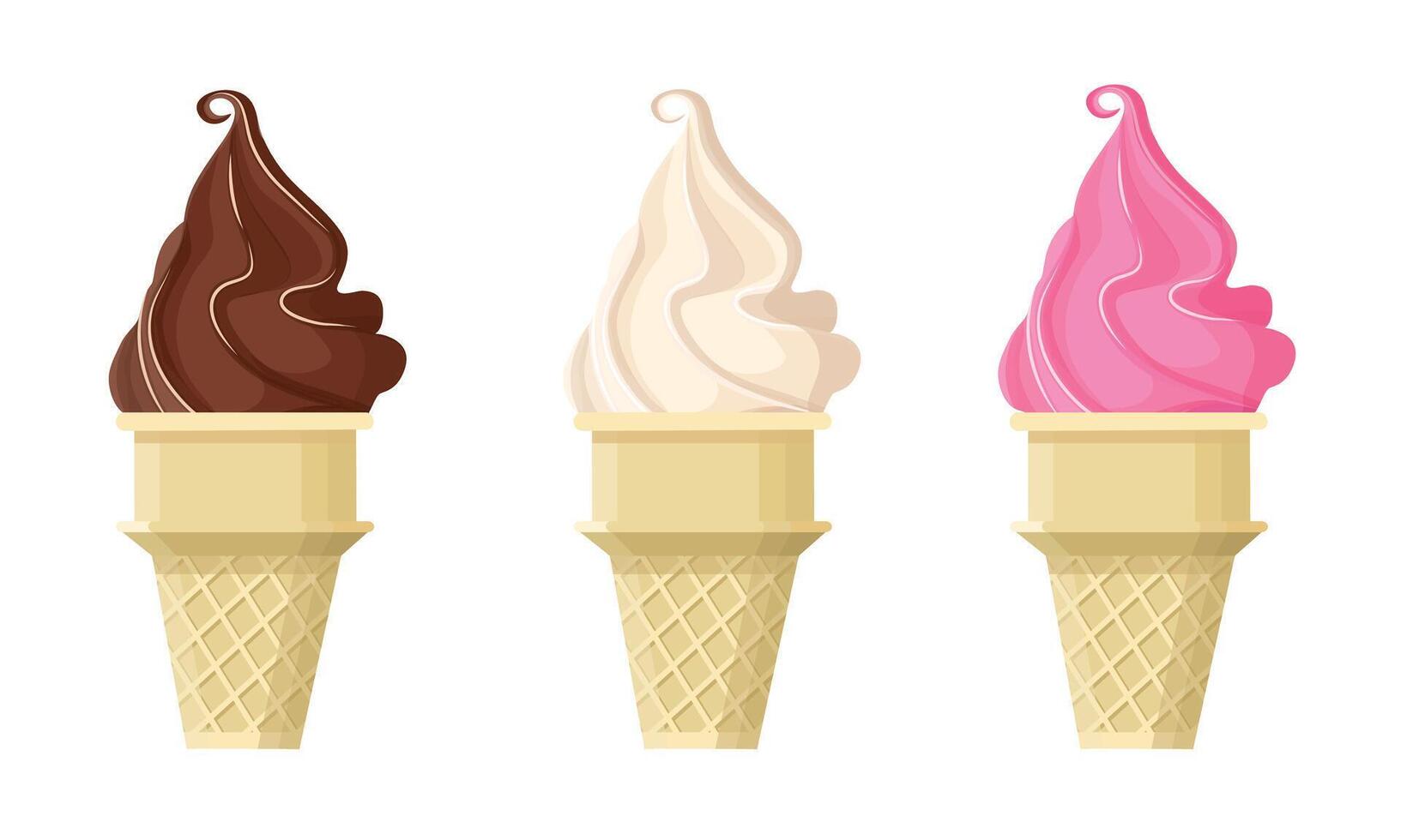 Set of ice cream cones in chocolate, vanilla, and strawberry flavors vector