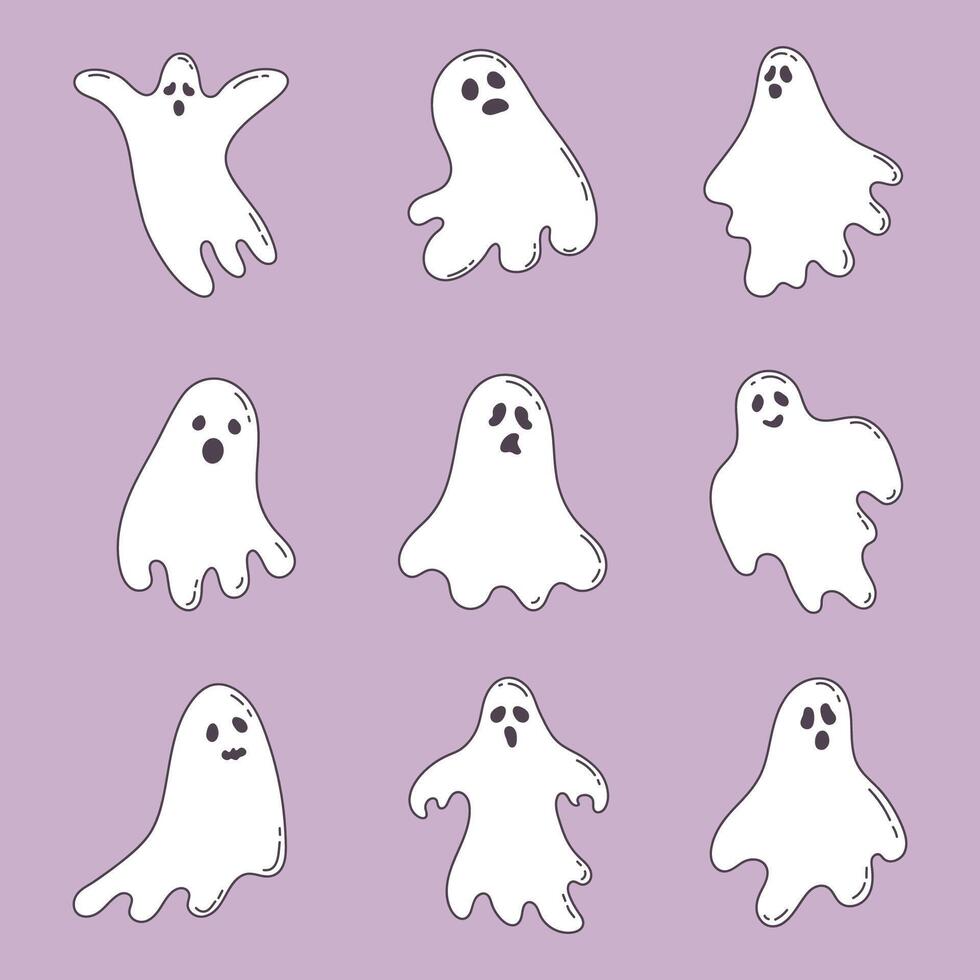Hand draw ghosts collection. Cute ghosts characters, spooky cartoon Halloween ghosts set vector