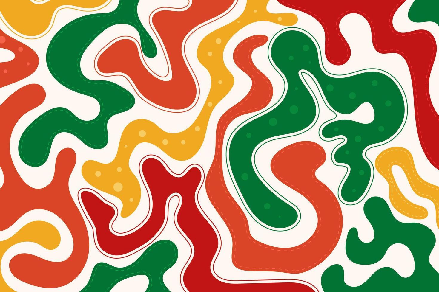 Abstract Christmas waves trendy background in 60s, 70s retro style. Modern wavy fluid organic shapes backdrop in red, green, yellow colors vector
