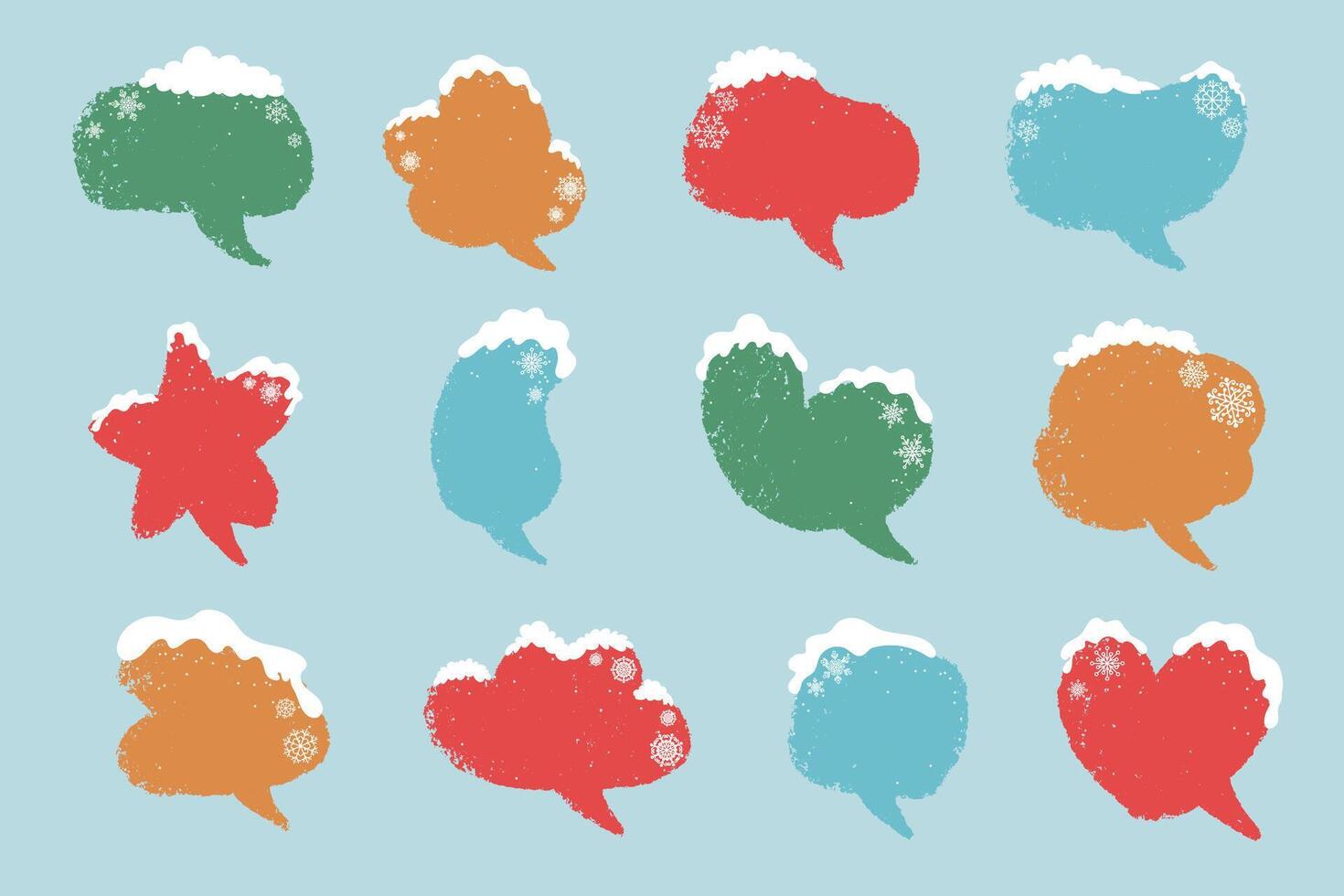Christmas grunge speech bubbles with snow and snowflakes decorations. Empty xmas chat boxes set. vector
