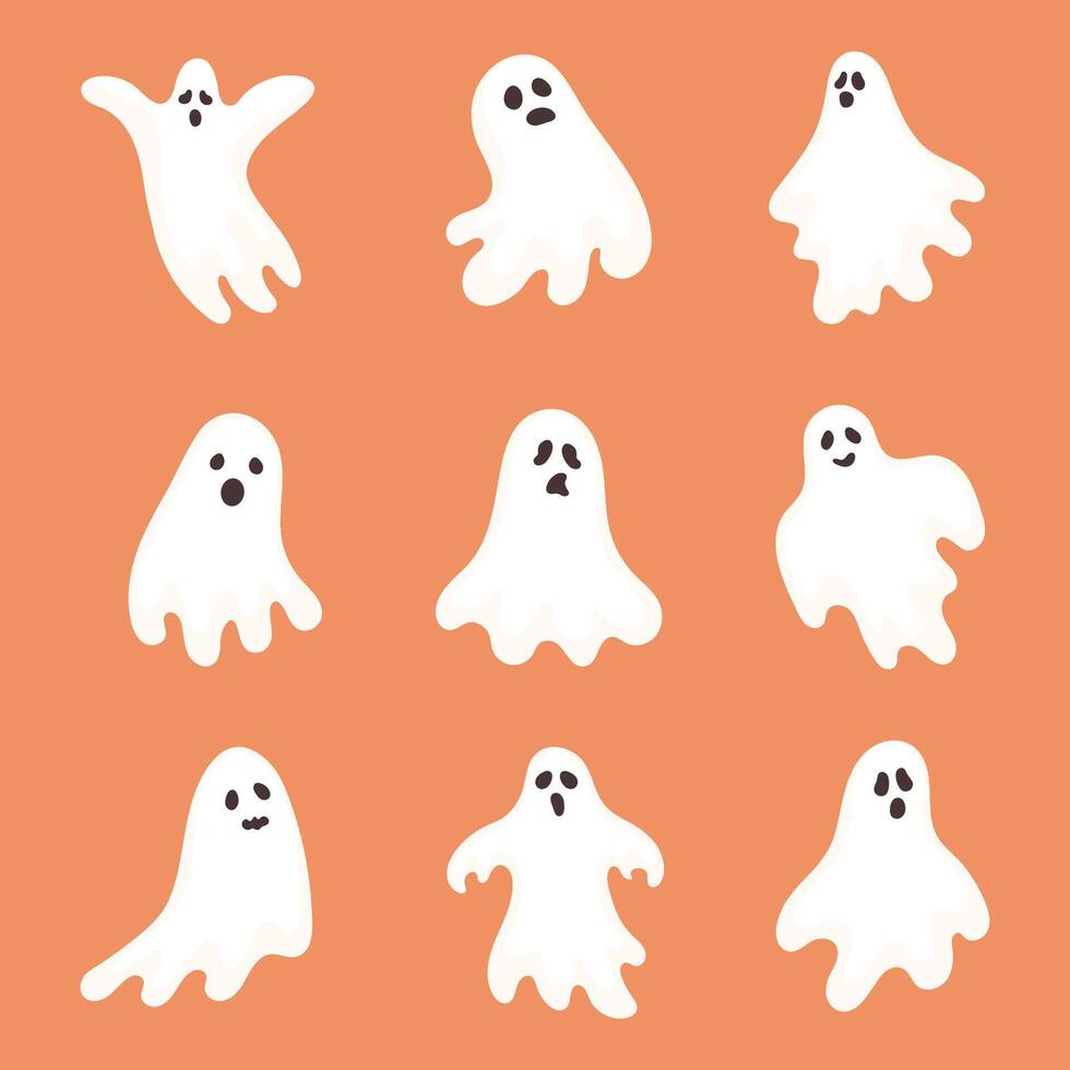 Flat modern ghosts collection. Cute ghosts characters, spooky cartoon Halloween ghosts set vector