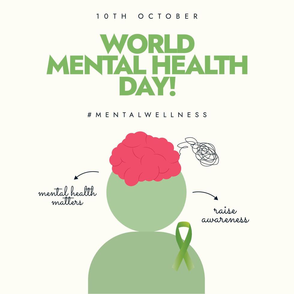 World Mental Health day 10th October awareness banner, post design. Mental health day banner with a person icon with brain view. The theme for 2024 It is Time to Prioritise Mental Health in Workplace vector
