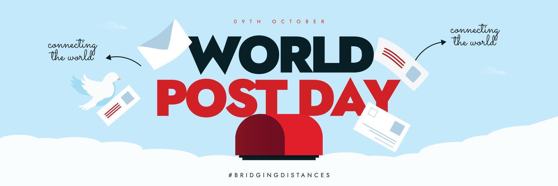 World Post day 9th October celebration cover banner. Post day banner design with red post box, letters flying in sky, pigeons. The day recognizes the importance of postal services for connecting world vector
