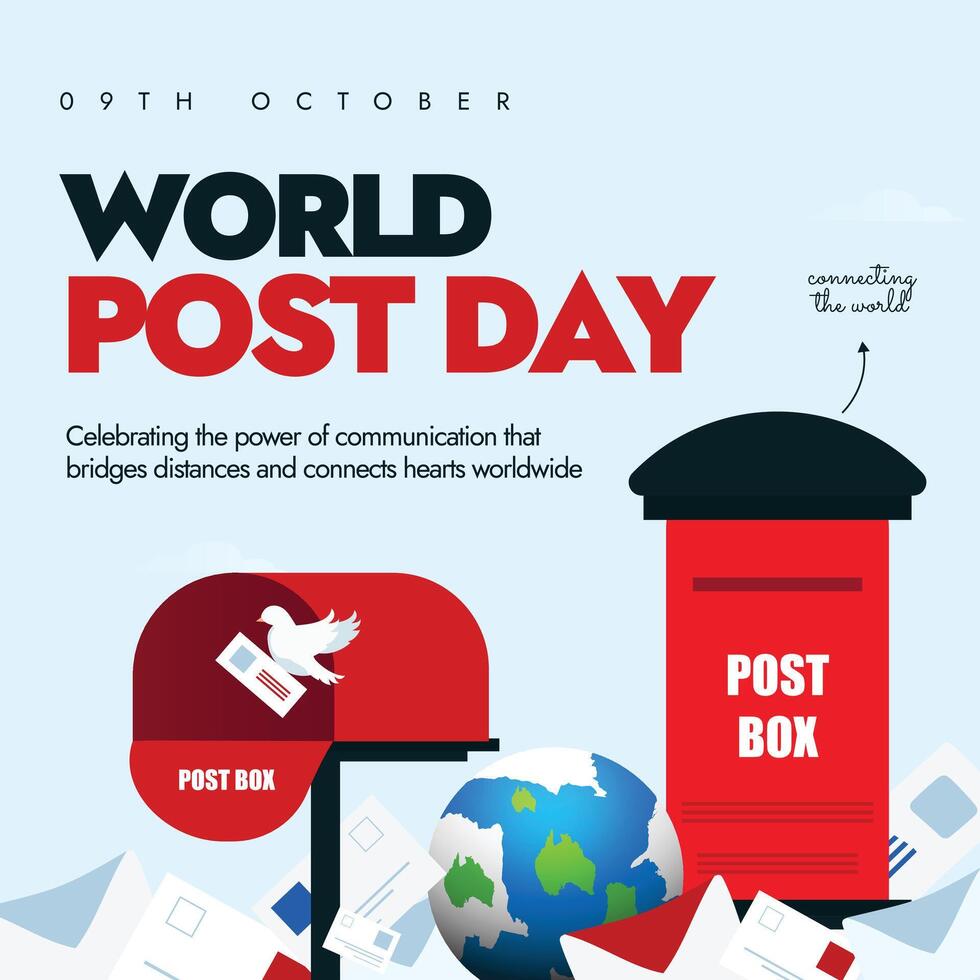 9th October post day celebration banner with red post box, earth globe, letters, pigeon. vector