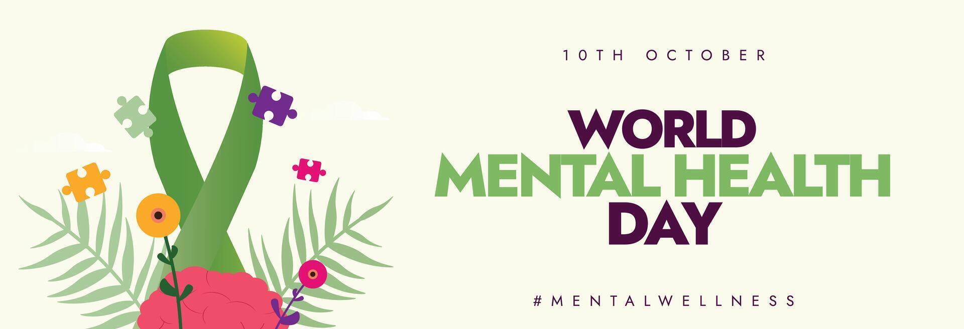 10th October Mental health day celebration cover banner with green ribbon, flowers, brain vector
