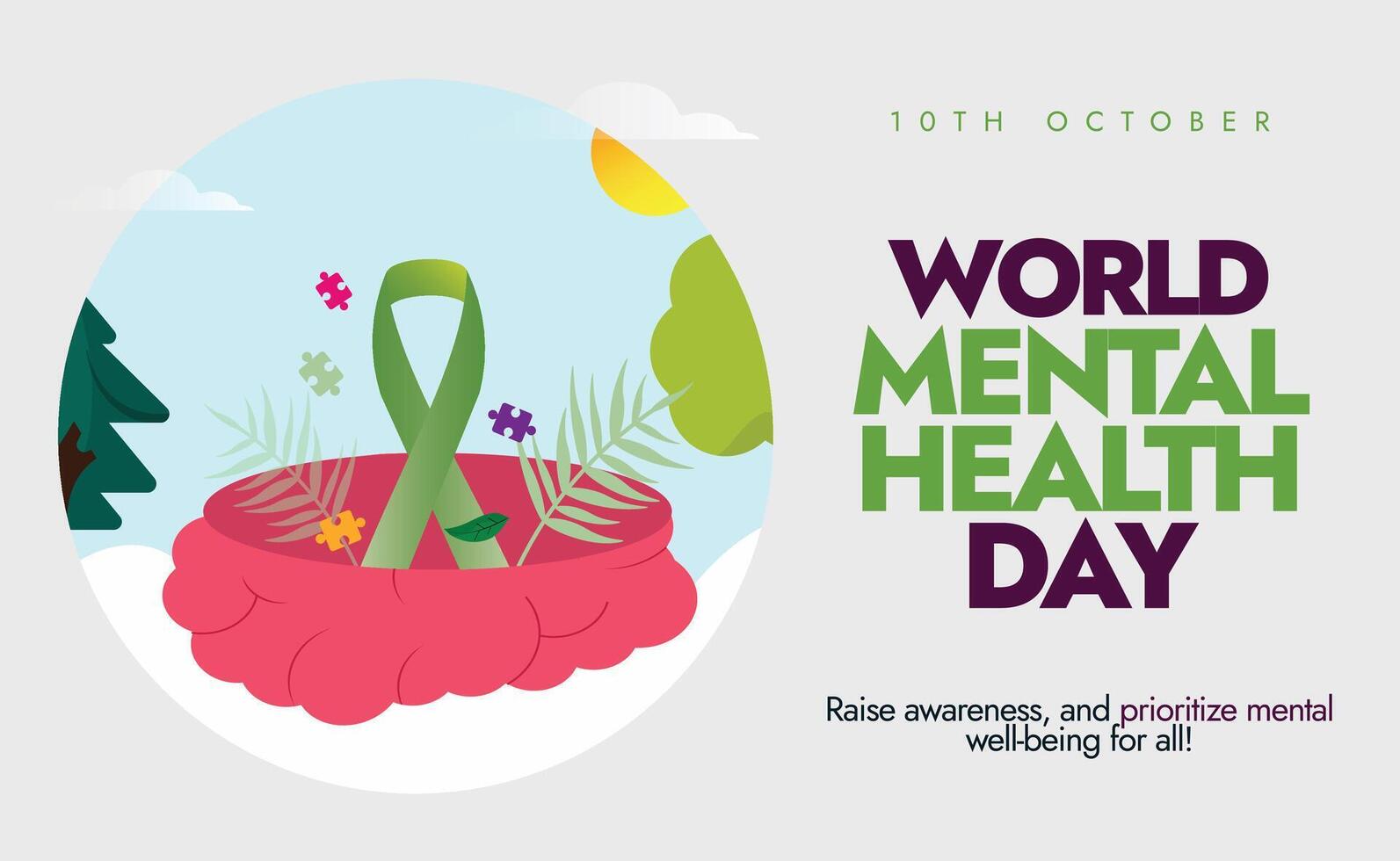 10th October mental health day conceptual banner with a brain icon and green ribbon inside it. The day is celebrated to raise awareness for people of mental health issues vector