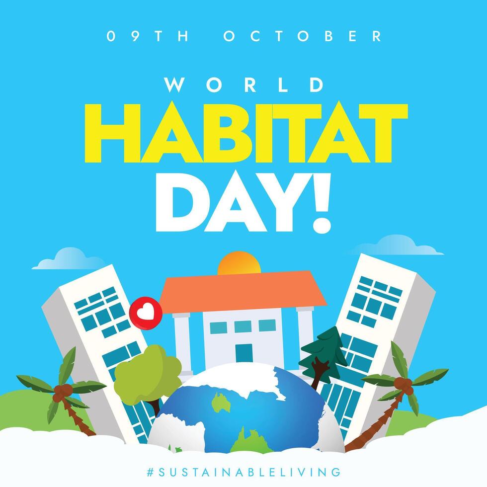 9th October Habitat day celebration banner design with houses, buildings, earth globe vector